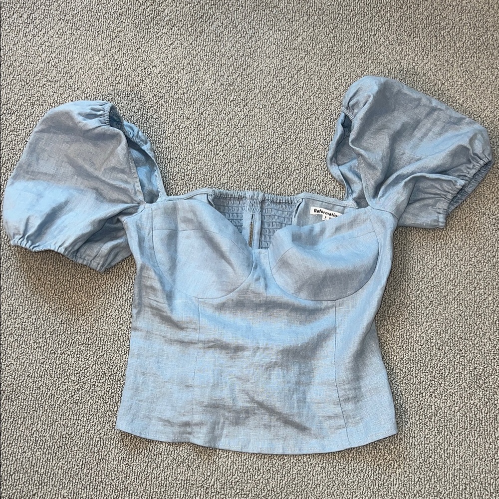 Reformation Light Blue Puff Sleeve Blouse